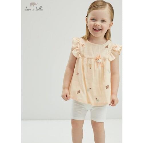 DBZ17886 dave bella summer baby girls cute print ruched clothing sets kids fashion sleeveless sets children 2 pcs suit