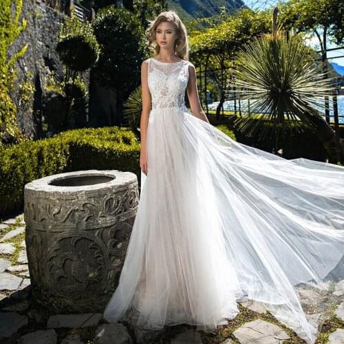 Eightale Beach Wedding Dresses 2020 O-Neck Appliques Lace A-Line Princess Boho Wedding Bridal Gown vestido de noiva simples