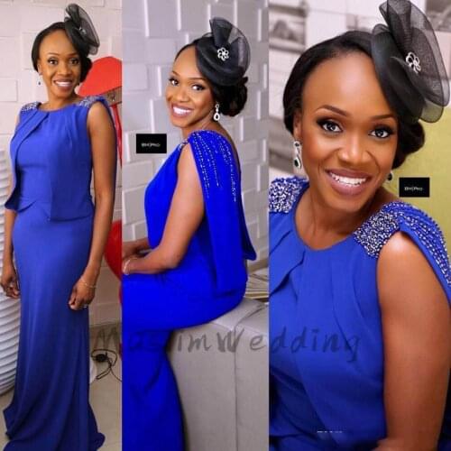 Elegant Royal Blue African Prom Dresses 2020 O Neck Beaded Plus Size Evening Dress Full Length Satin Nigeria Formal Dress New