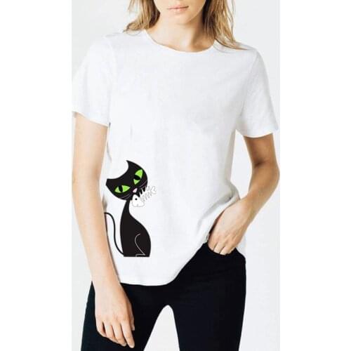 Ute Cat Women T-shirt Cat Eat The Fish Graphic Funny Tee Fashion Female Short Sleeve Cotton Soft Tops Casual Clothing Camisetas