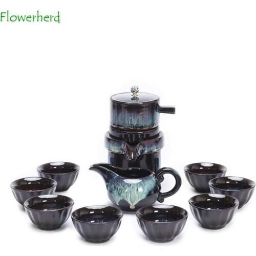Retro Ceramic Porcelain Kung Fu Tea Set Teaware Teapot Teacup Stone Mill Tea Maker Color Sand Gold Glaze Household Tea Set of 6