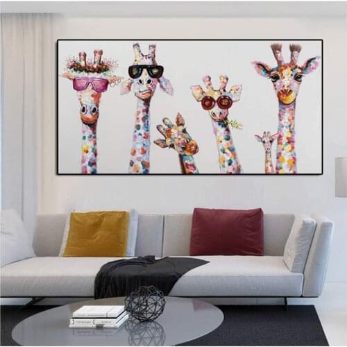 Colorful Art Animal Giraffe Family Wear Glasses Painting Canvas Picture Canvas Print Mural Bedroom Painting Send Free