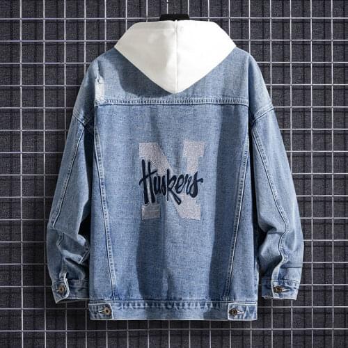 Autumn young mens loose casual denim jacket fashion cat whiskers letter element light blue student jacket jacket
