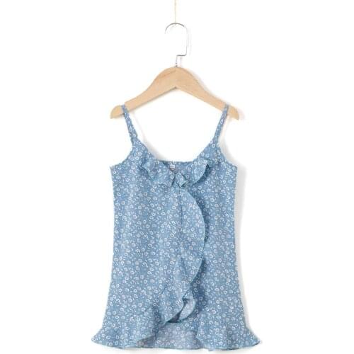 Girls Summer Sleeveless Slip Dress Blue Floral Printed Pattern V-neck Off the shoulder Childrens Clothing Girls Casual Dresses