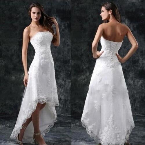 Summer Beach Wedding Dresses High Low A Line Strapless Appliques Lace White Ivory Lace Up Back Bridal Gowns Cheap Bride Dress