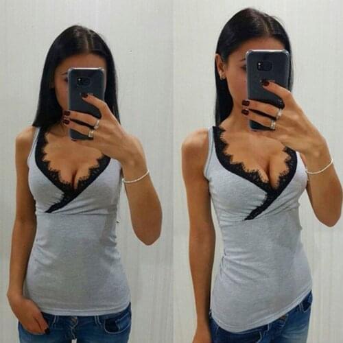 2020 Summer Women clothes Sexy Deep V Neck Lace Stitching Tank Top Sleeveless Lace V Neck Tank Tops modis Sexy Women Tank Tops