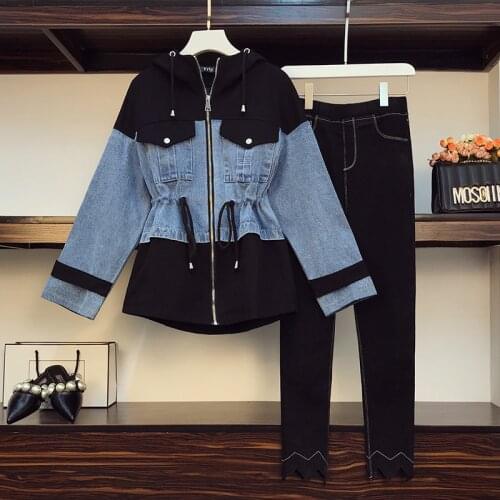 Fashion plus size women street set 2020 autumn new casual personality denim jacket top and leggings two piece suit cloth L-4XL