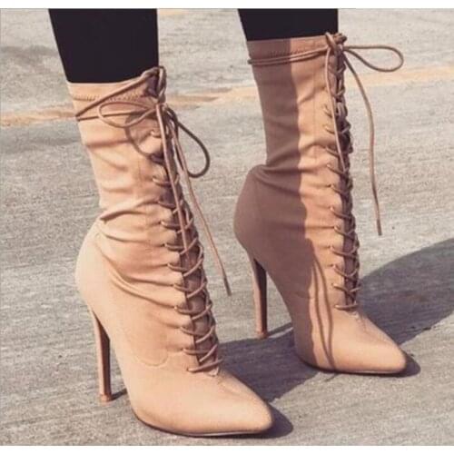New Suede Boots Women Autumn Fashion Ankle Pointed Toe Shoes Stretch Cross-Tied Lace-Up Stiletto High Heel Boots Large size