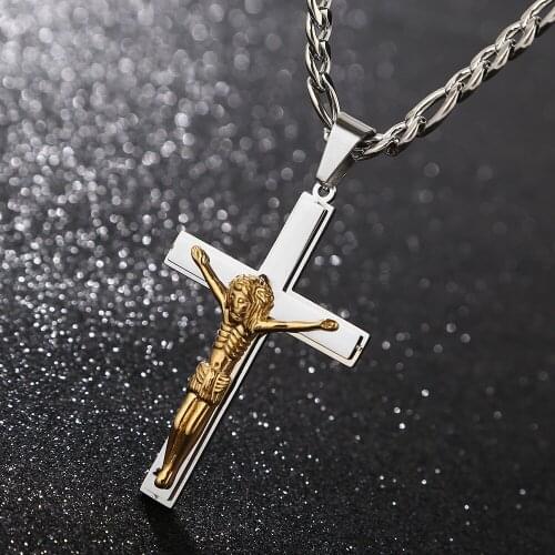 High Quality New style Large Cross Christ Jesus Pendant Chain Necklace for Men Gold tone DIY Jewelry Making Findings