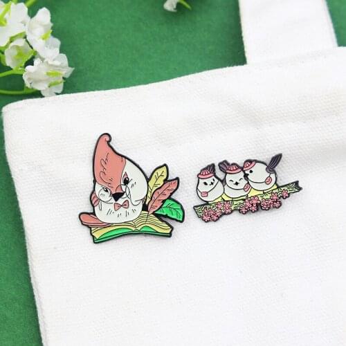 Professor bird Three students with schoolbags Enamel Brooch Prunus mume book Lapel Pin Fun animal badge Jewelry accessories