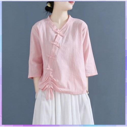 Three Quarter Sleeve Women Cotton Linen Tee Shirt Ladies Loose Summer 2021 Casual Solid V-Neck T-shirts Tops Retro Tshirt Femme