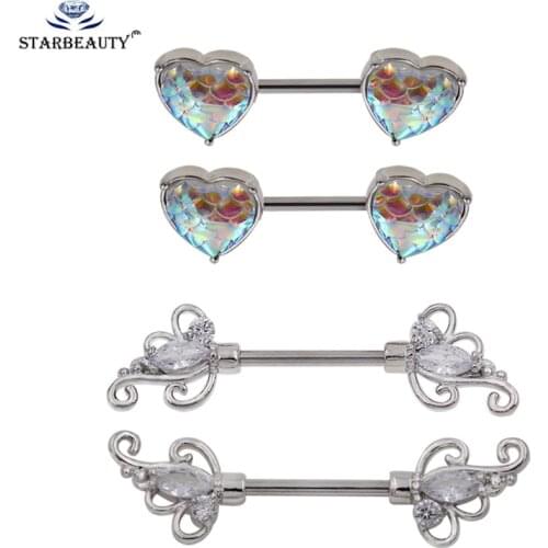 2Pcs Mermaid Nipple Ring Piercing Earring Muti-Color Heart-shaped Fish Scale Stainless Steel 14G Nipple Barbell Stud Piercing