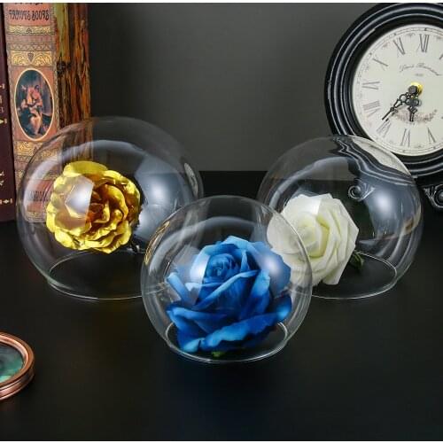 Spherical Glass Cloche Jar Display Stand Cover Terrarium Bottle with Wooden Base Acrylic Dust Cover Display Box Flower Box Home