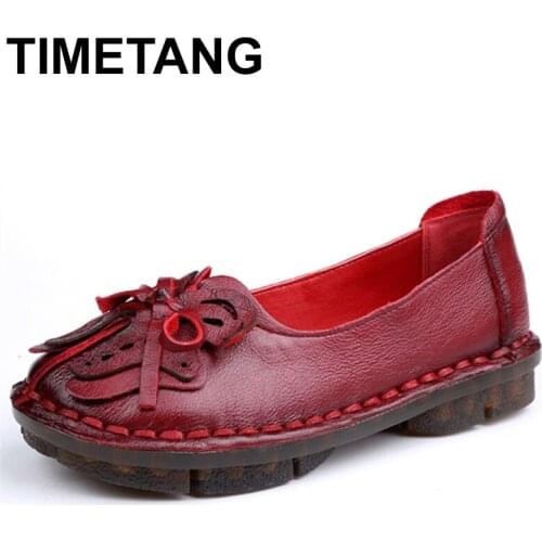 TIMETANG New Autumn Soft Soles Handmade Womens Flats Shoes Vintage Sewing Women Genuine Leather Shoes C326