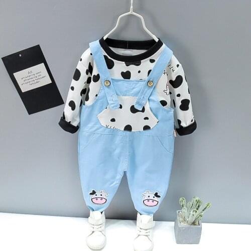Spring Infant Clothes Suits Baby Girl Boys Clothing Sets Fashion Cow T Shirt Overalls Bib Pants 2Pcs/Set Kid Children Costume