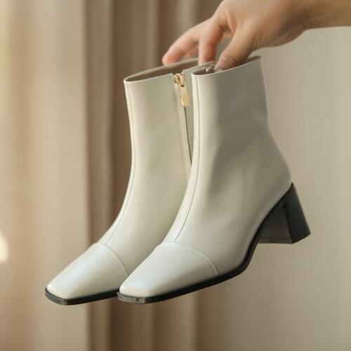 SKLFGXZY Mediterranean Sea Women boots Genuine leather Chelsea boots High heels Square head Side zipper boots Womens shoes