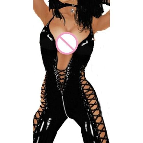 Women Sexy Catsuit PVC Leather Ladies Sexy Latex Zipper Bodysuit Costume Erotic Lingerie Front to After Lace-up Clubwear