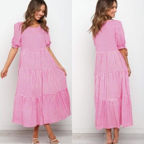 Women Summer Plaid Polka Dot Print Maxi Dress 2021 O Neck Short Puff Sleeve Ruffles Elegant Beach Party Dresses Vintage Vestidos