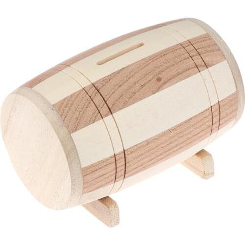 1pc Wooden Money Box Piggy Bank Safe Money Box Savings Wine Barrel Wood Carving Handmade Piggy Bank