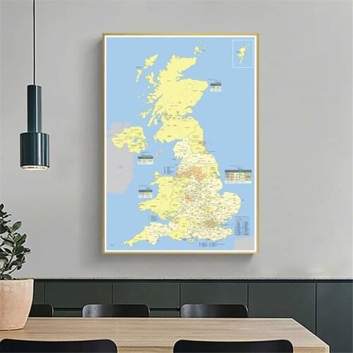 60*90cm Detailed Regions Map Of The United Kingdom Canvas Painting Wall Art Poster School Supplies Living Room Home Decoration