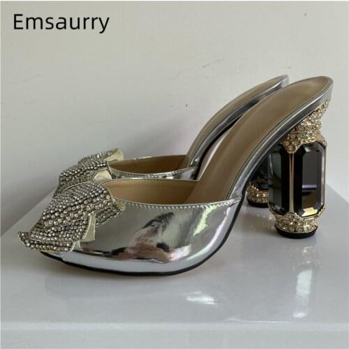 Diamond Butterfly-knot Sandals For Girls Women Jeweled Crystal High Heel Slingbacks Patent Leather Rhinestone Mules Summer