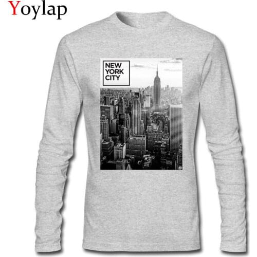 New York Cityscape Grayscale Picture Printed T-shirt For Men Long Sleeve O-neck Pure Cotton Top Tees Classic
