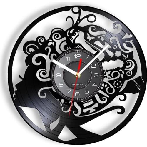 Beauty Salon Hairdresser LED Light Vinyl Record Wall Clock Hair Fashion Stylist Tools Comb Scissors Bussiness Hanging Sign