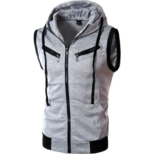 Zip Up Fitness Tank Tops Men Sleeveless Splice Undershirt Summer Hooded Running Gyms Singlet Slim Fit Pocket Gym Clothing Майка
