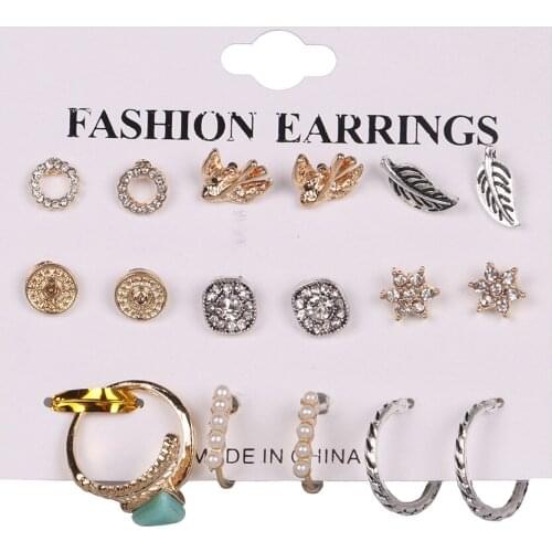 Fashion Alloy Rhinestone Stud Earring Sets For Women Hot Selling Circle/Star/Round/Bird/Leaves Small Earrings Mix Ear Stud
