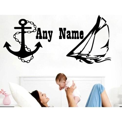 Wall Decal Sailing Boat Nautical Anchor Personalized Name Wall Stickers For Kids Room Interior Design Removable Wall Decor WW-19