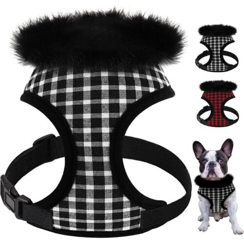 Adjustable Plaid Dog Cat Harness Soft Dog Harness With Fur Collar Breathable Pet Vest For Small Medium Large Dogs Cats Chihuahua