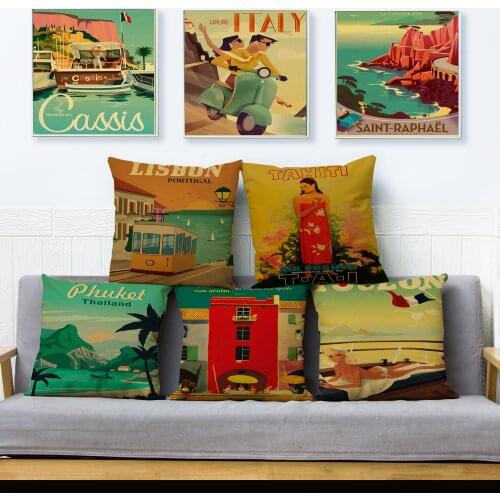 Retro Art Painting New York London Italy Print Cushion Cover Vintage Pattern Square Pillowcase Sofa Car Home Decor Pillows Cases