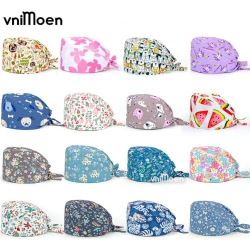 Unisex enfermera Dentista scrubs caps Adjustable cotton tooth printing hats adjustable sweat-absorbent Elastic scrubs hats