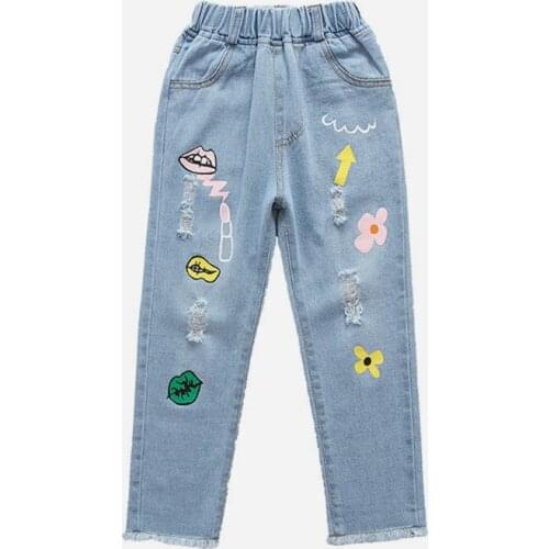 2020 spring children girls new casual denim pants Kids fashion cartoon floral print Jeans for girls 2-7 years