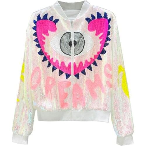 PERHAPS U Women Black Gold Silver Pink Multicolor Eye Letter Sequined Bomber Jacket Zipper Long Sleeve Baseball Uniform C0373