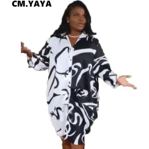 CM.YAYA Women Plus Size Shirts Print Full Sleeve Turn-down Collar Single Breasted Loose Straight Long Shirts Tops Autumn 2021