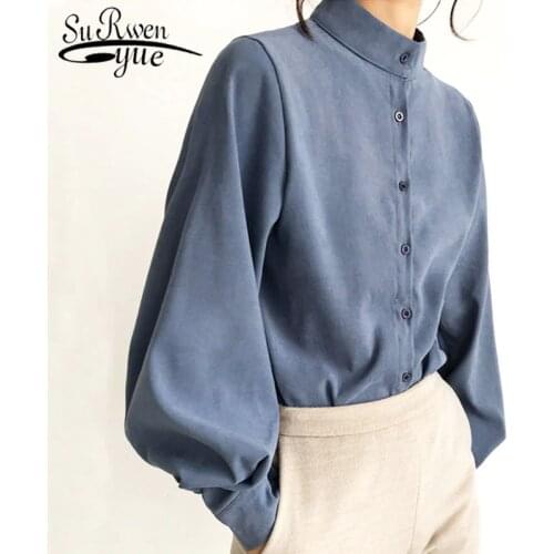 Lantern Long Sleeve Women Shirts Spring Fashion Womens Tops and Blouses Solid Color Stand Collar Office Lady Style Blouse 2516