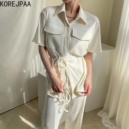 Korejpaa Women Set 2021 Summer Korean Chic Simple Temperament Lapel Tie Multi-Pocket Shirt High Waist Loose Mopping Casual Pants