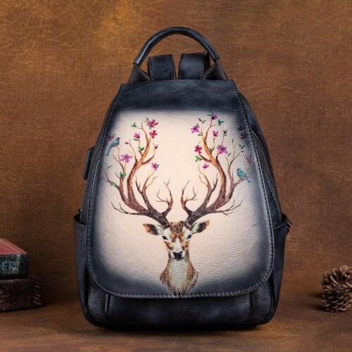 Genuine Leather Women Backpack Travel Bags First Layer Cowhide Hand Painted Large Capacity School Bag Back Pack Mochilas Mujer