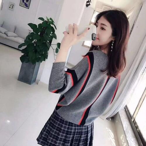 2021 Autumn Winter Sweater Women O-Neck Loose Knitted Pullover Female Pull Femme Batwing Sleeve Striped