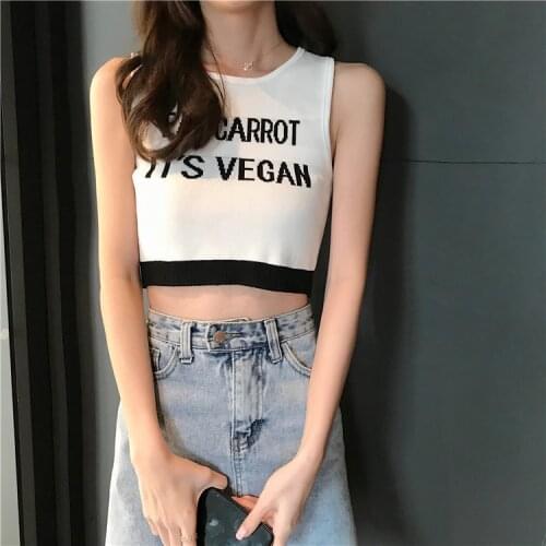 Casual Crop Top Women Summer 2021 Korean Style Streetwear Letter Patchwork Slit Fit Cropped Tank Top Knit Sleeveless Top T608