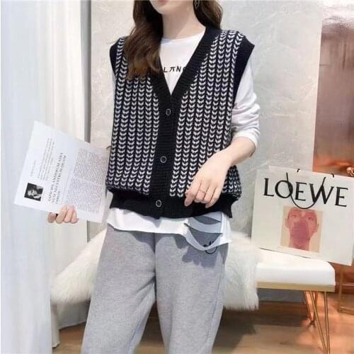 Women Korean Knitting Sweater Vest Pullovers Knitted Sleeveless Waistcoat Vintage Cardigan Geometric Female Sweaters Jumper Tops