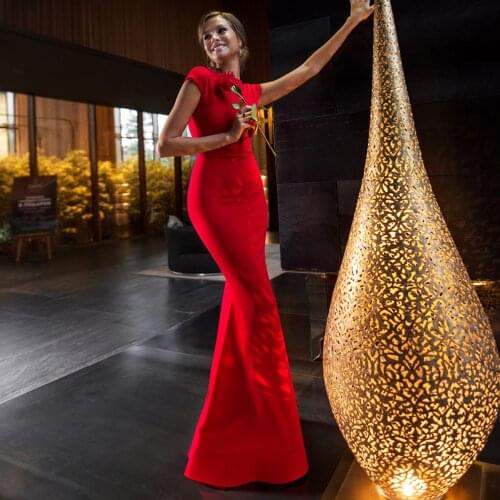 Floor Length Mermaid Evening Dress Red Short Sleeve Backless O-Neck Party Prom Gowns 2021 Special Occasion Dresses