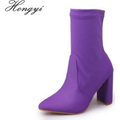 Hongyi Winter Fashion Satin Boots Women Shoes for Lady Soft Leather Boots Pointed Toe Martin Boots Chunky Heeled Booty
