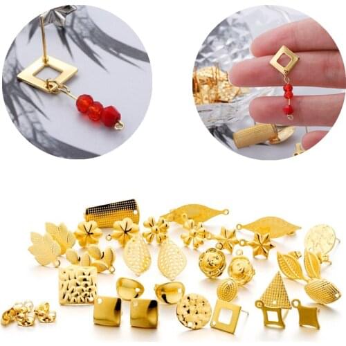 10Pcs Stainless Steel Geometric Round Earring Stud Gold Color Flower Earrings Base Connector for DIY Jewelry Making Accessories