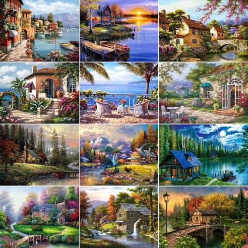 5D DIY Diamond Painting Landscape Full Round Diamond Embroidery Mosaic House Spring Decorations