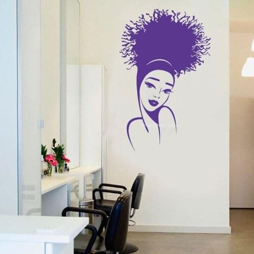 Afro Hairstyle Beautiful Girl Face Wall Decal African Hairstyle Fluffy hair Model Vinyl Sticker Hair Salon Makeup Studio DG109
