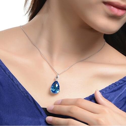 BLACK ANGEL 2020 Water Drop Shape Sky Blue Topaz Sapphire Choker 925 Silver Birthstone Pendant Necklace For Women Jewelry Gift