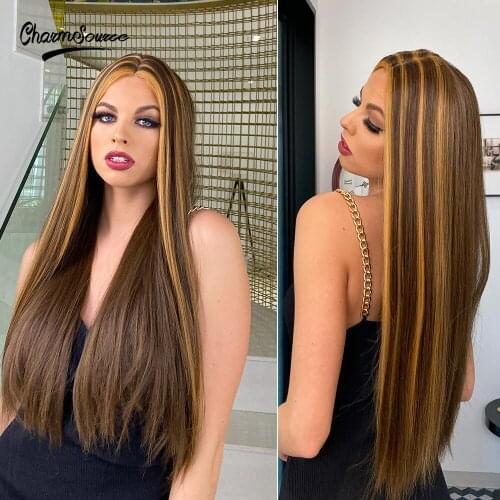 Charmsource Long Straight Wig Brown Highlights Blonde Front Lace Synthetic Wigs for black Women Daily Party Use Cheap Hair Soft
