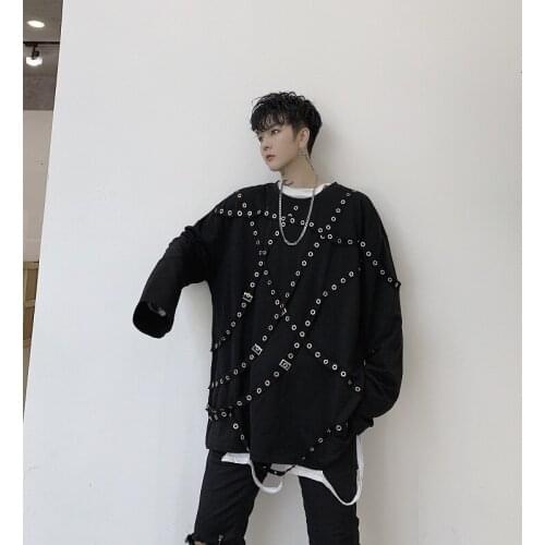 Metal Ring Decoration Loose Casual Lace Long Sleeve T-shirt Male Japan Streetwear Hip Hop Gothic Tees Shirts Personality Tshirt
